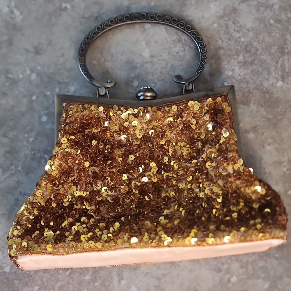 Vintage Gold Sequin Top Handle Clutch Kiss Lock Lined Silver Hardware Women j - Picture 5 of 8